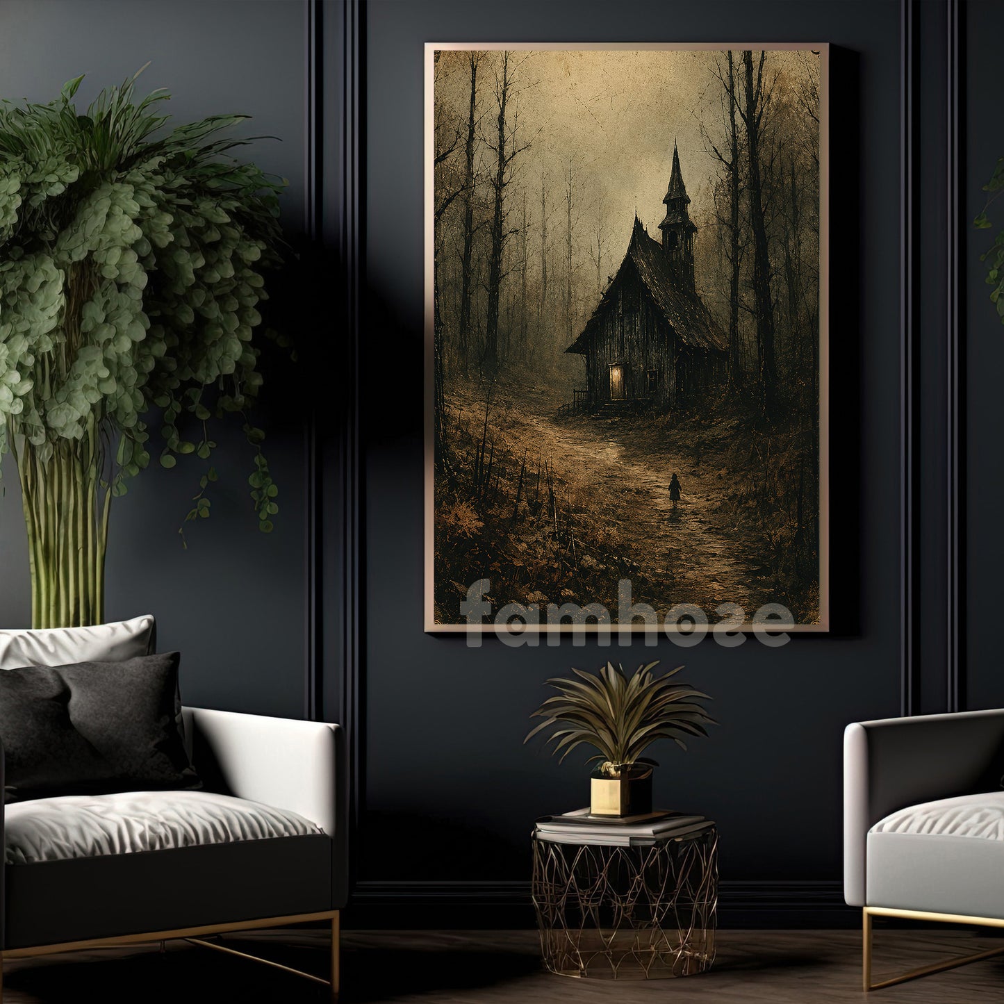 Halloween Haunted Church Canvas Painting, Dark Forest Chapel Spooky Season Wall Art Decor, Gothic Halloween Poster Gift