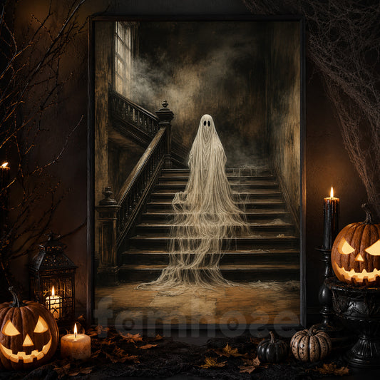 Vintage Halloween Haunted Ghost Canvas Painting, Spooky Staircase Spooky Season Wall Art Decor, Halloween Poster Gift For Ghost Lover