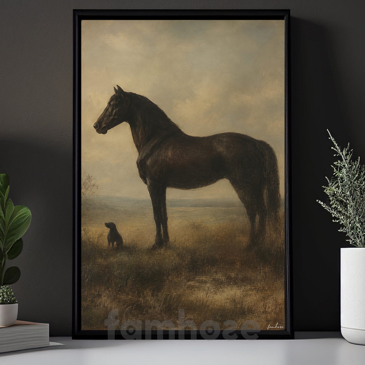 Black Horse Canvas Painting, Horse And Dog Wall Art Decor, Poster Gift For Horse Lover