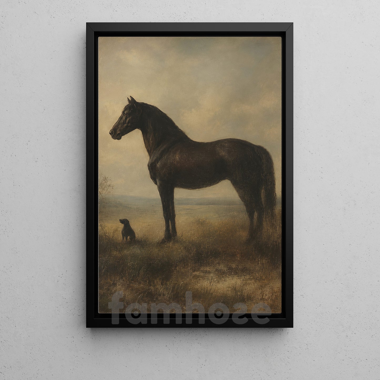 Black Horse Canvas Painting, Horse And Dog Wall Art Decor, Poster Gift For Horse Lover