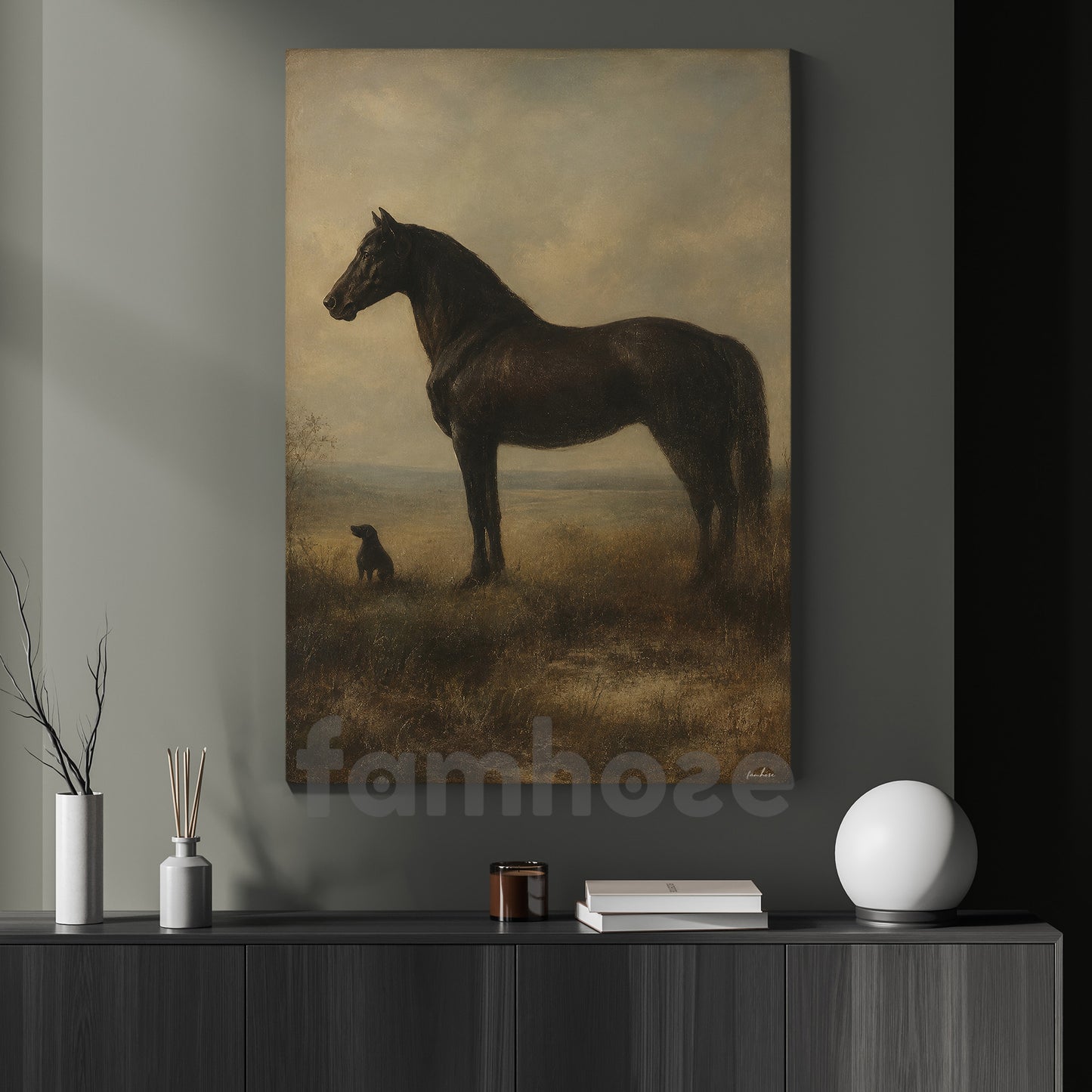 Black Horse Canvas Painting, Horse And Dog Wall Art Decor, Poster Gift For Horse Lover