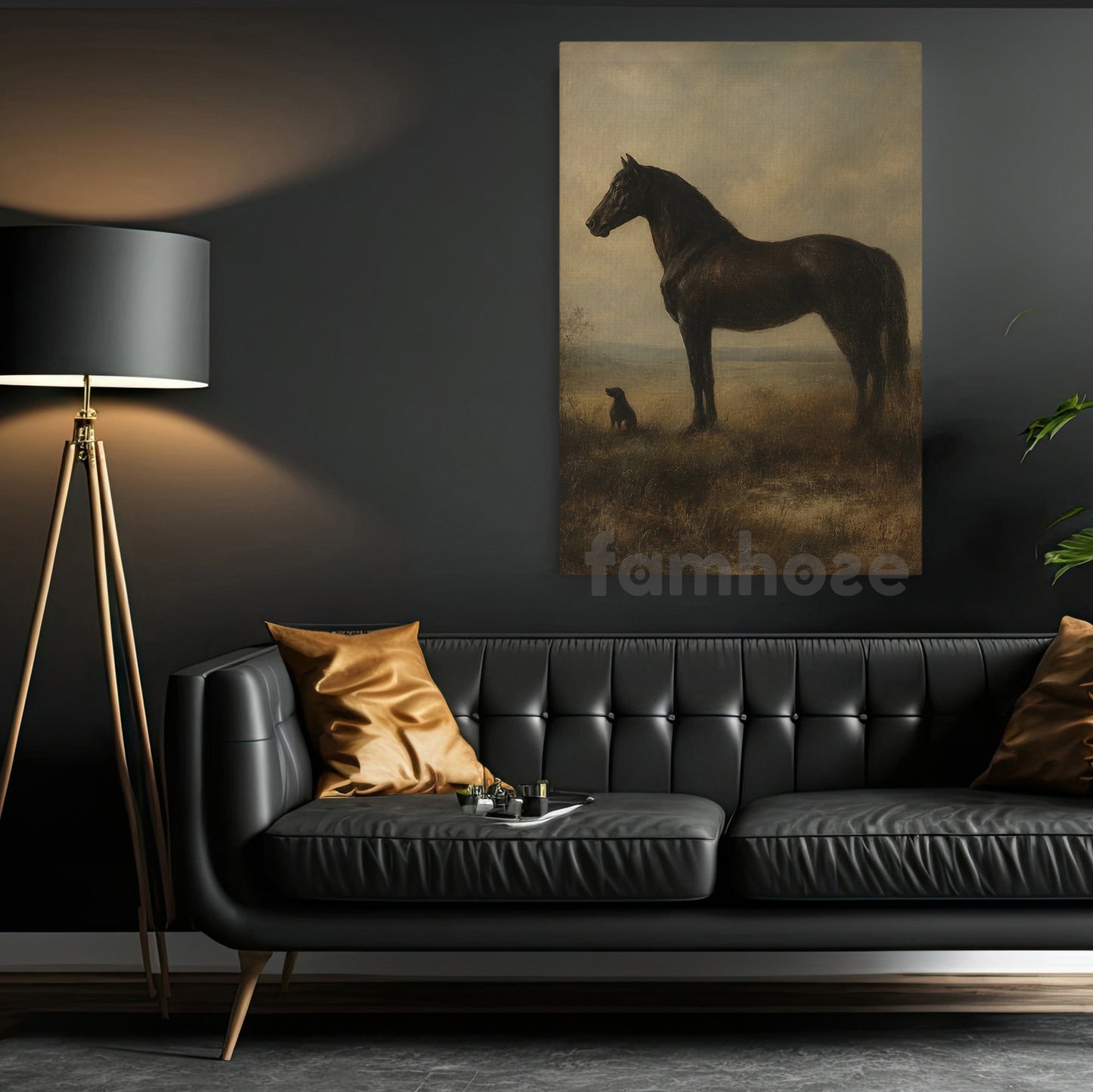 Black Horse Canvas Painting, Horse And Dog Wall Art Decor, Poster Gift For Horse Lover