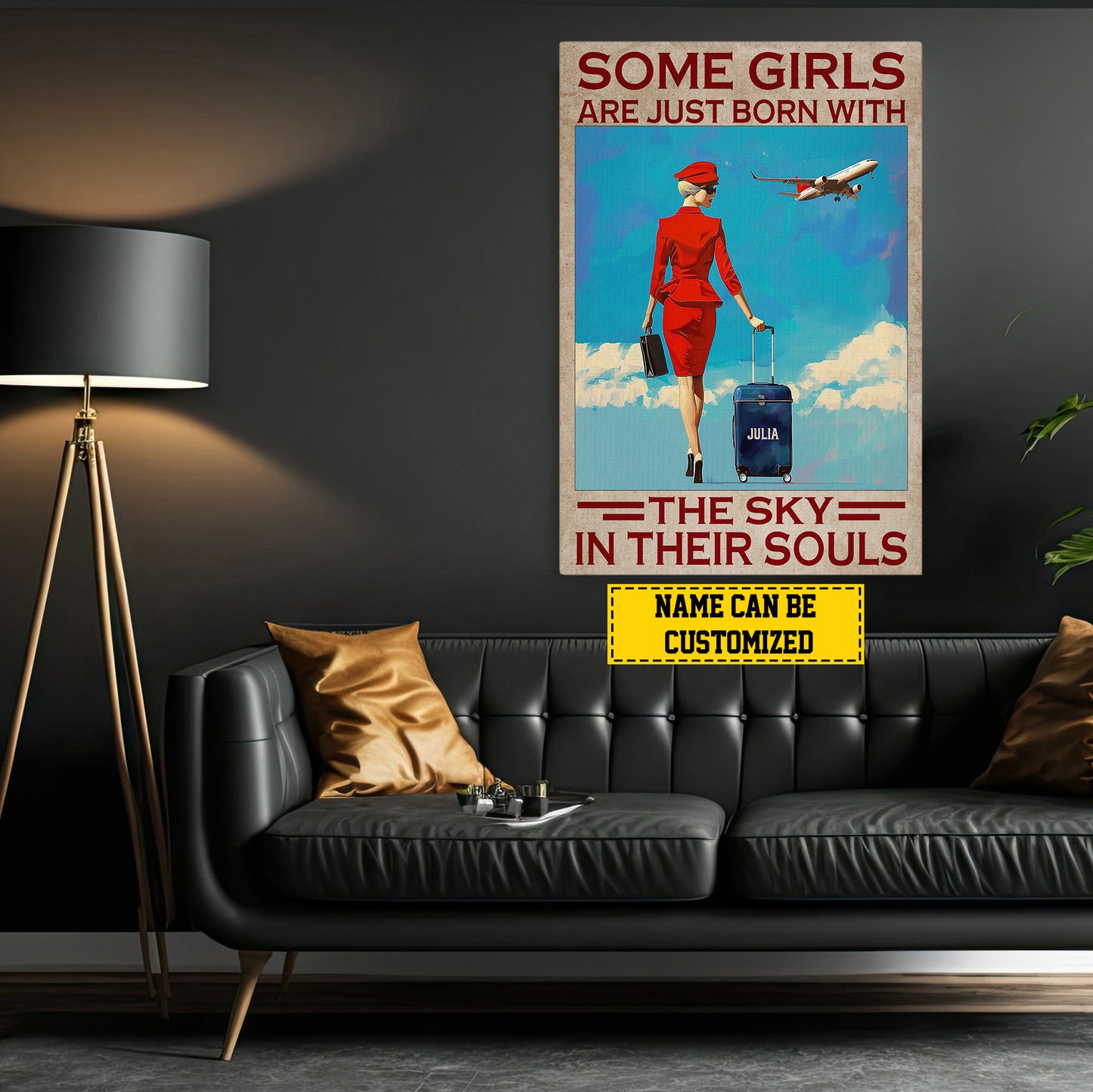 Some Girls Are Just Born With The Sky, Personalized Flight Attendant Canvas Painting, Inspirational Quotes Wall Art Decor, Gift For Flight Attendant Lovers