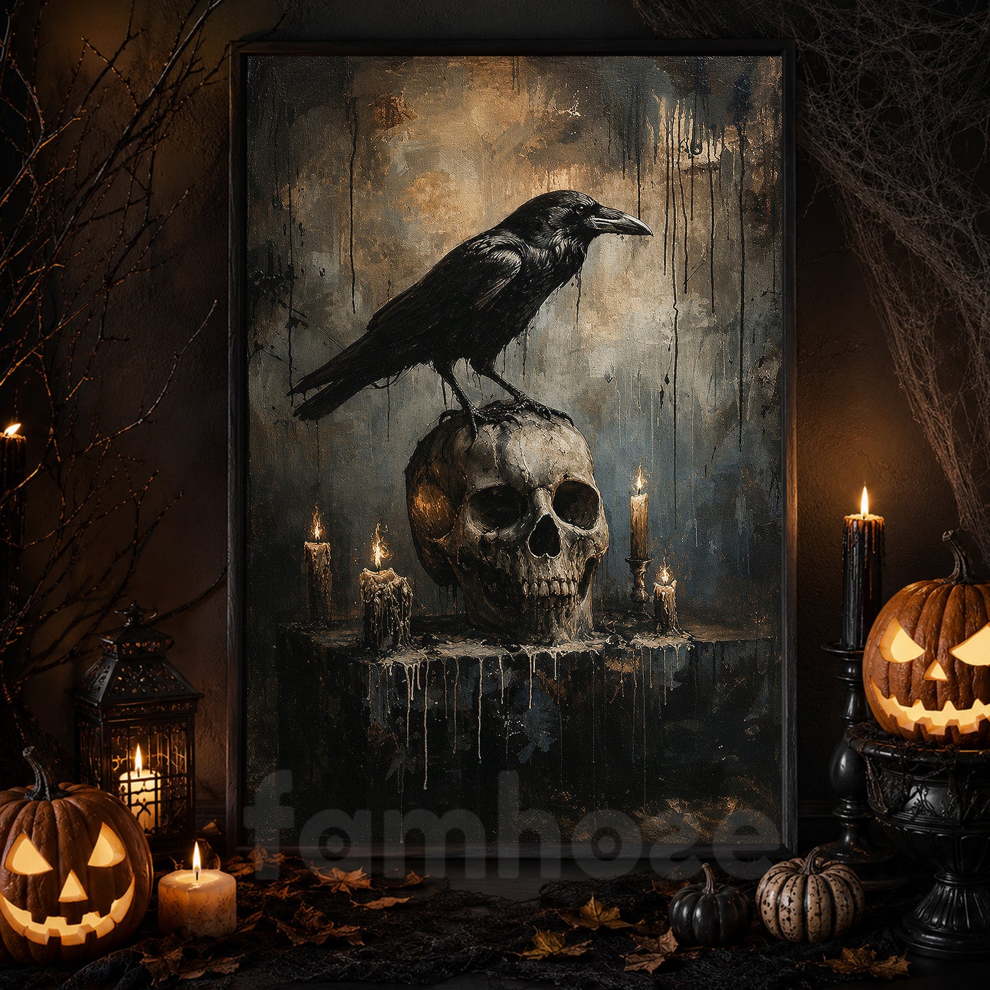 Halloween Raven Skull Canvas Painting, Raven On Skull And Candles Spooky Season Wall Art Decor, Halloween Poster Gift For Raven Lover