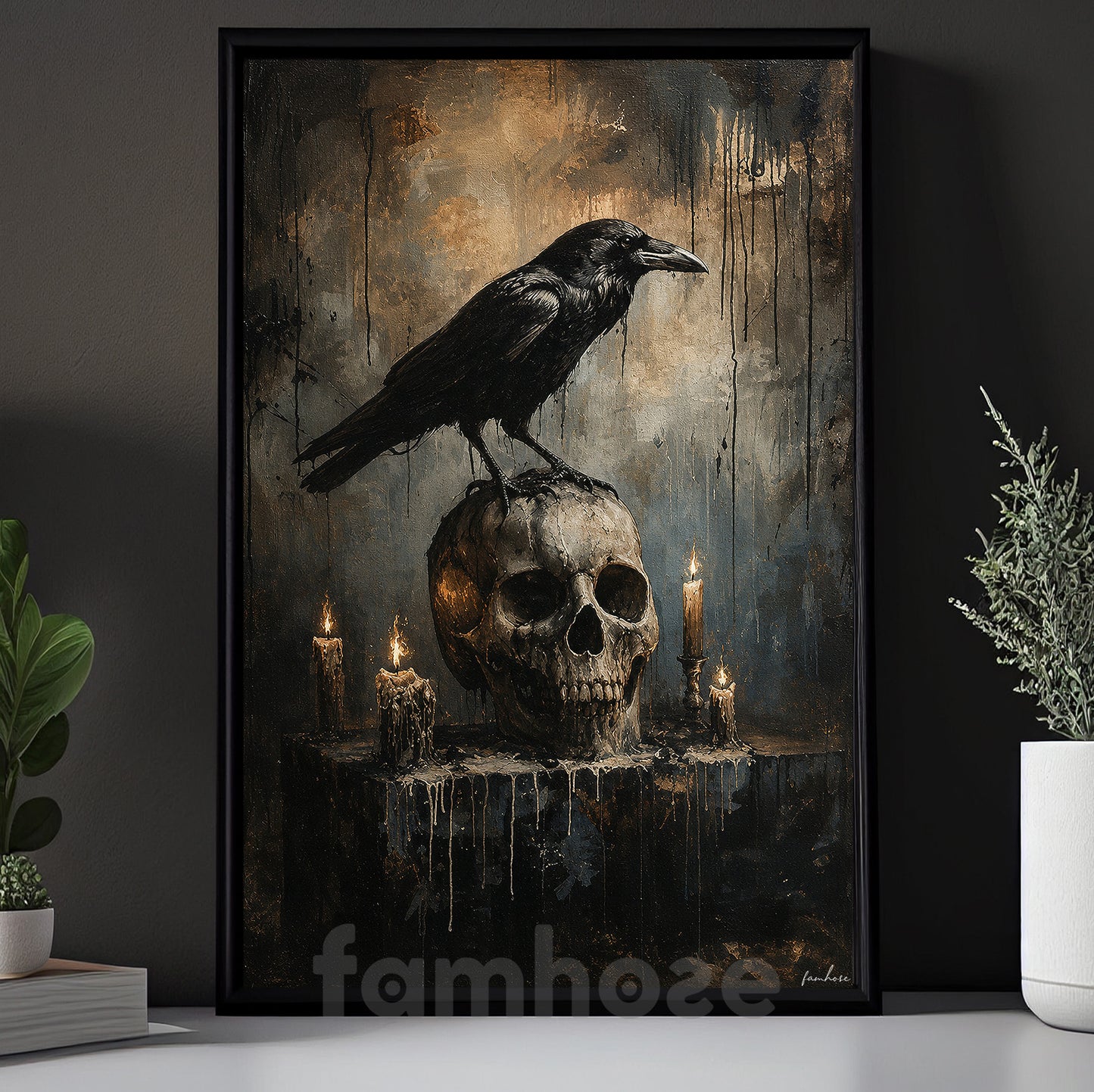 Halloween Raven Skull Canvas Painting, Raven On Skull And Candles Spooky Season Wall Art Decor, Halloween Poster Gift For Raven Lover