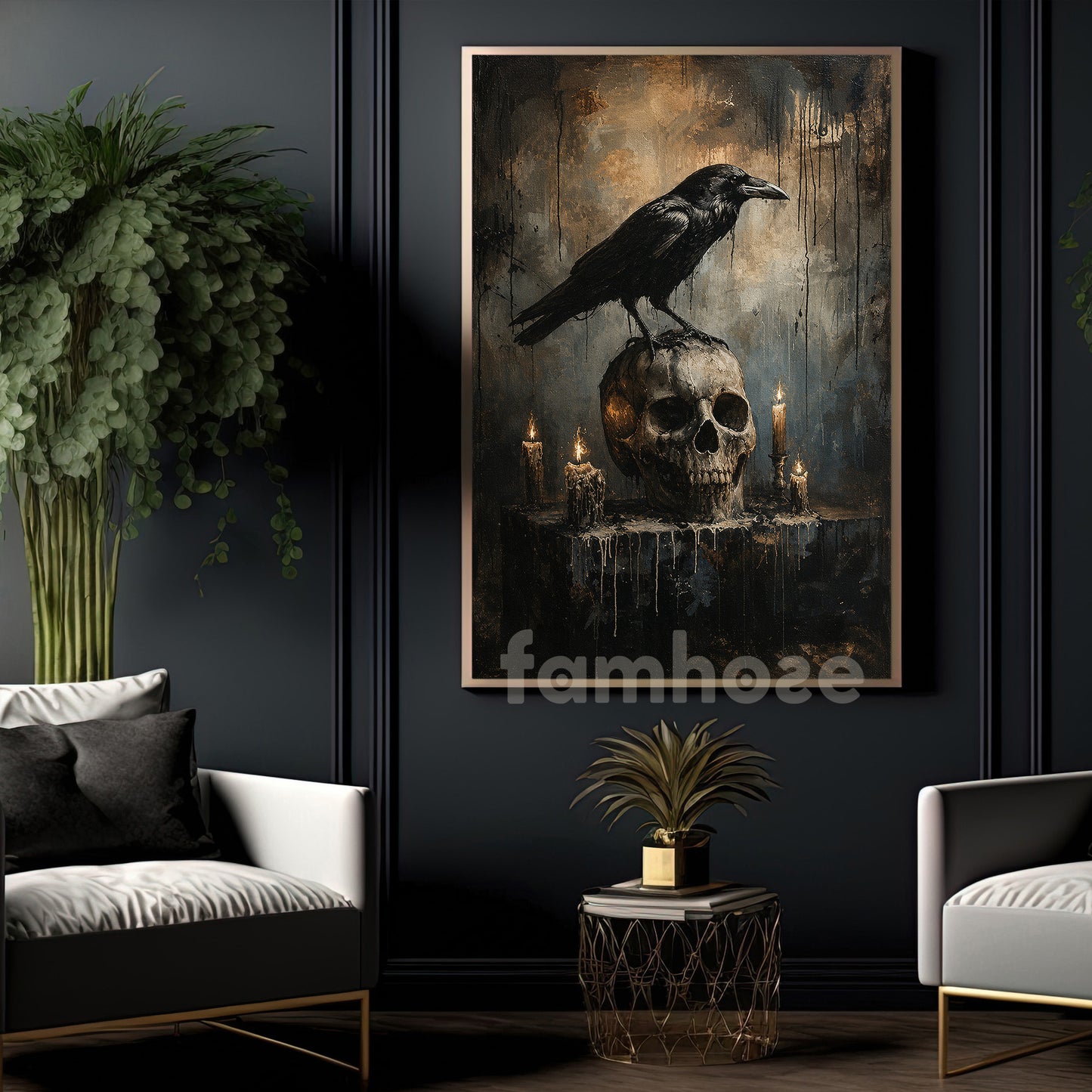 Halloween Raven Skull Canvas Painting, Raven On Skull And Candles Spooky Season Wall Art Decor, Halloween Poster Gift For Raven Lover