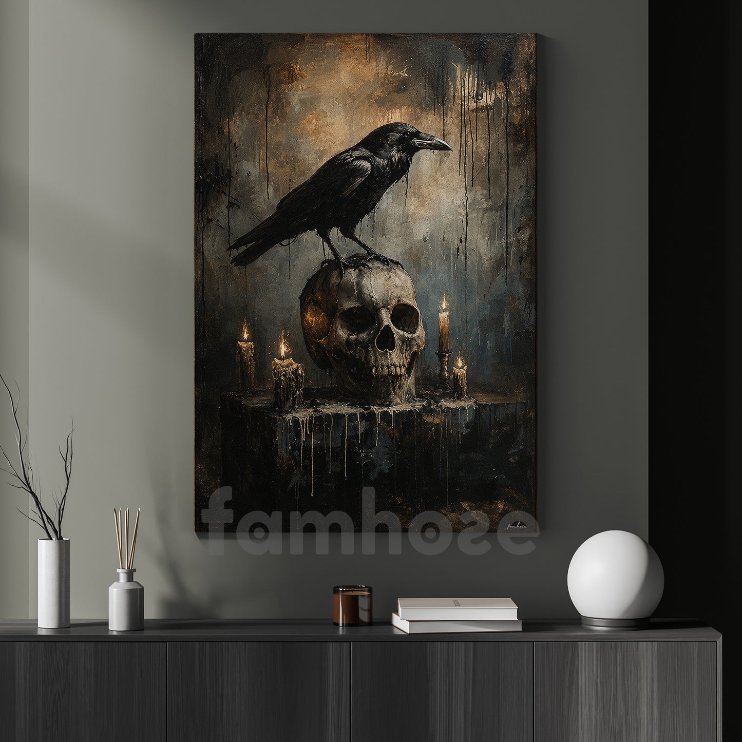 Halloween Raven Skull Canvas Painting, Raven On Skull And Candles Spooky Season Wall Art Decor, Halloween Poster Gift For Raven Lover