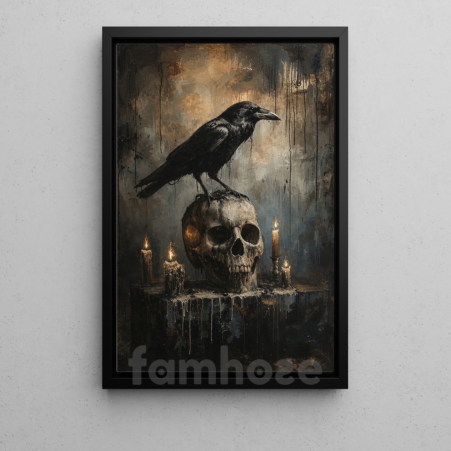 Halloween Raven Skull Canvas Painting, Raven On Skull And Candles Spooky Season Wall Art Decor, Halloween Poster Gift For Raven Lover