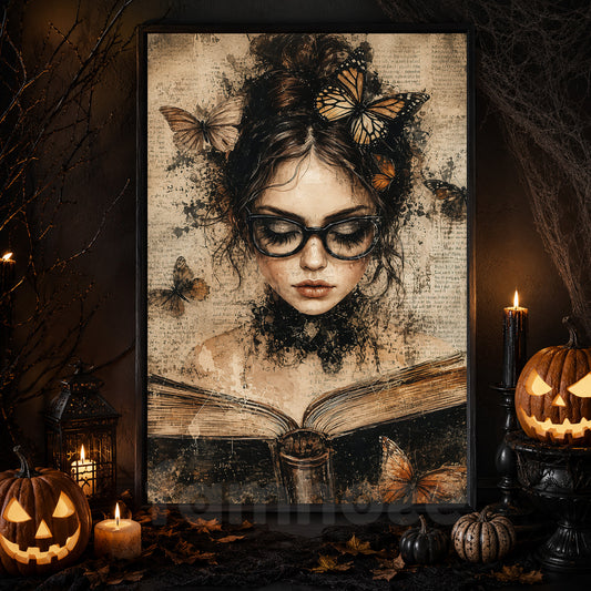 Vintage Halloween Witch Canvas Painting, Butterfly Reading Woman Spooky Season Wall Art Decor, Halloween Poster Gift For Book Lover