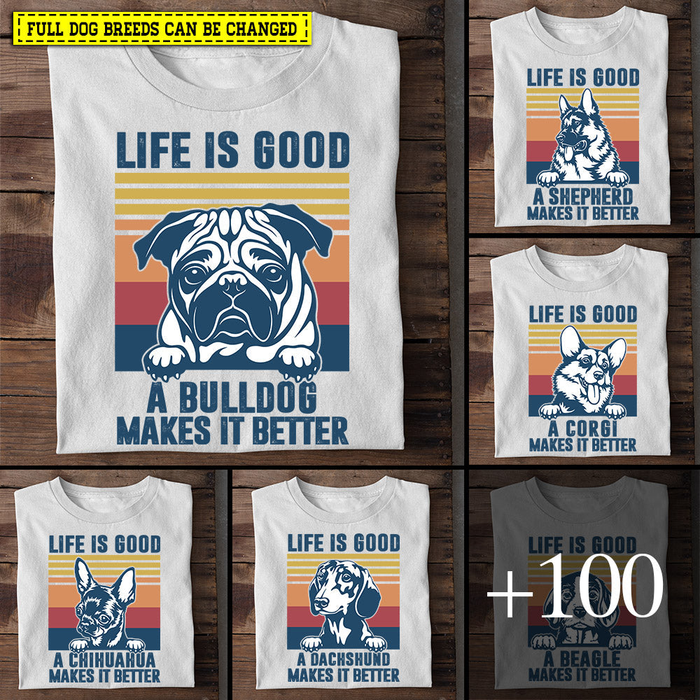 Personalized Dog Mom T-shirt, Life Is Good Full 100+ Dog Breeds Makes It Better, Mother's Day Gift For Dog Lovers, Dog Owners, Dog Mom Tees