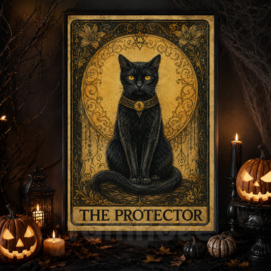 Vintage Halloween Witch Cat Canvas Painting, Black Cat Protector Spooky Season Wall Art Decor, Halloween Poster Gift For Cat Lover