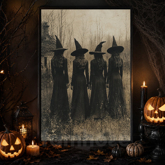 Vintage Halloween Four Witches Canvas Painting, Witch Sisters Spooky Season Wall Art Decor, Halloween Poster Gift For Witch Lover