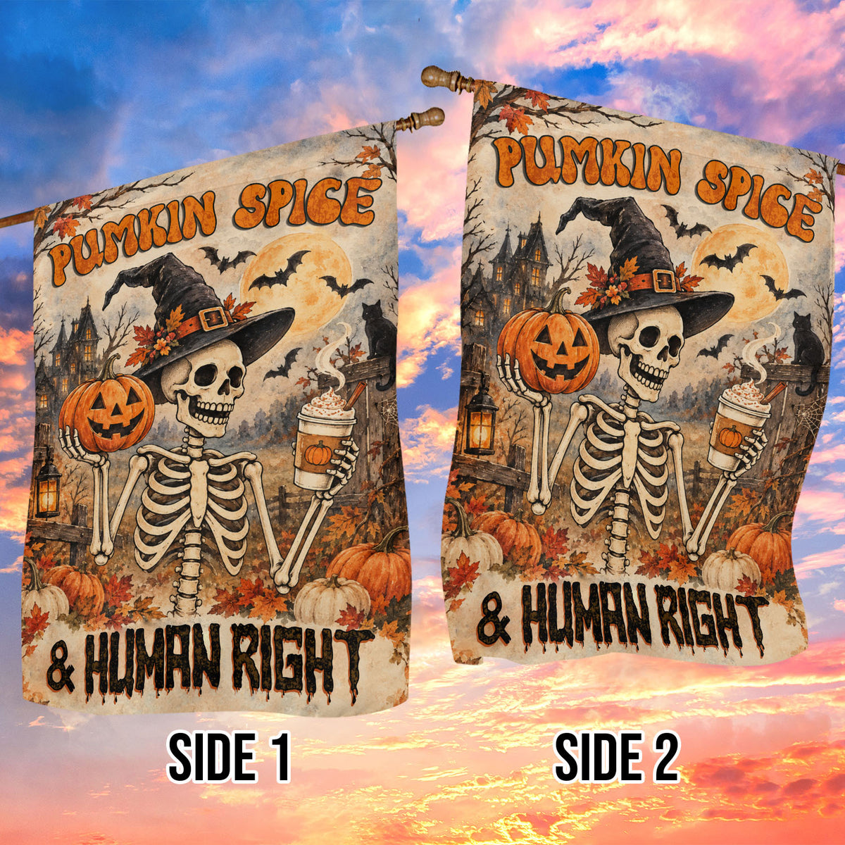 Halloween Skeleton Garden & House Flag, Pumpkin Spice & Human Rights Yard Flag Spooky Season Vintage Gift For Skeleton & Pumpkin Lover