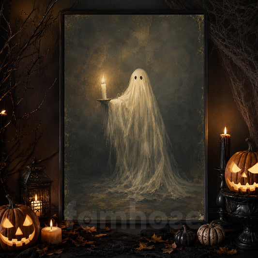 Halloween Ghost Canvas Painting, Candlelight Spirit Wall Art Decor, Spooky Season Poster Gift For Ghost Lover