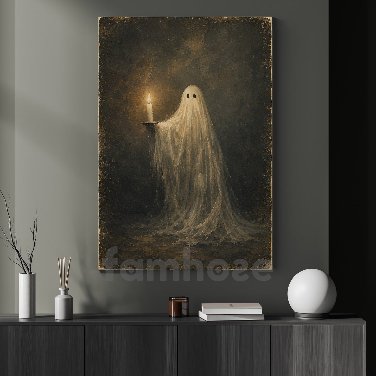 Halloween Ghost Canvas Painting, Candlelight Spirit Wall Art Decor, Spooky Season Poster Gift For Ghost Lover