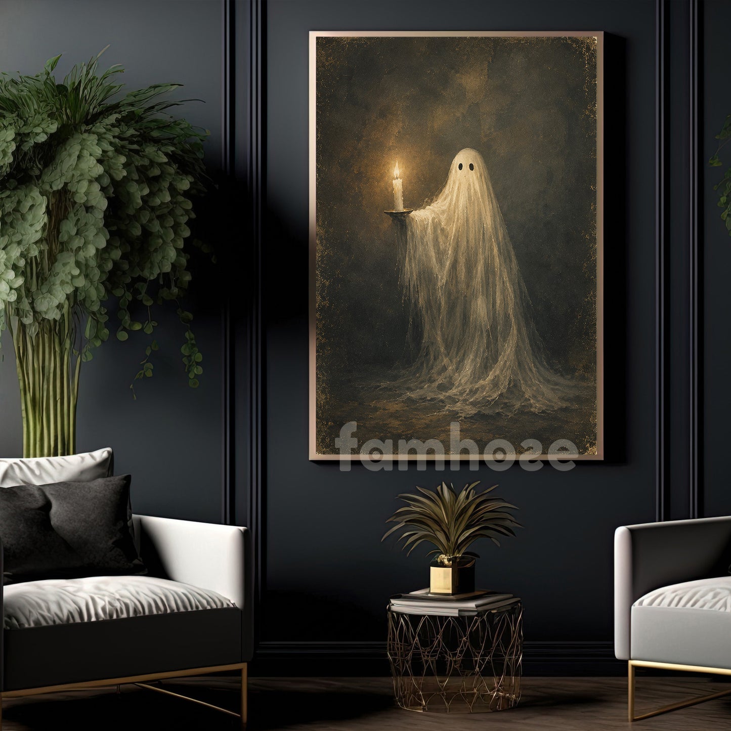 Halloween Ghost Canvas Painting, Candlelight Spirit Wall Art Decor, Spooky Season Poster Gift For Ghost Lover