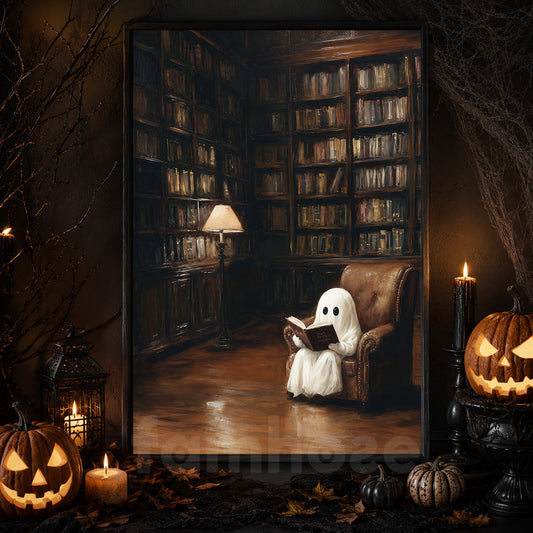 Halloween Reading Ghost Canvas Painting, Cute Boo Library Spooky Season Wall Art Decor, Halloween Poster Gift For Ghost Lover