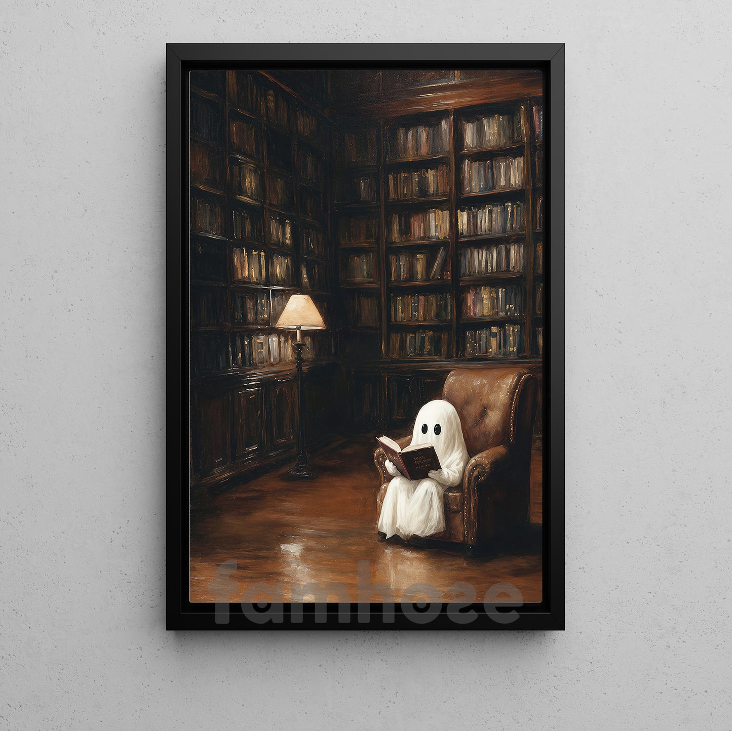 Halloween Reading Ghost Canvas Painting, Cute Boo Library Spooky Season Wall Art Decor, Halloween Poster Gift For Ghost Lover