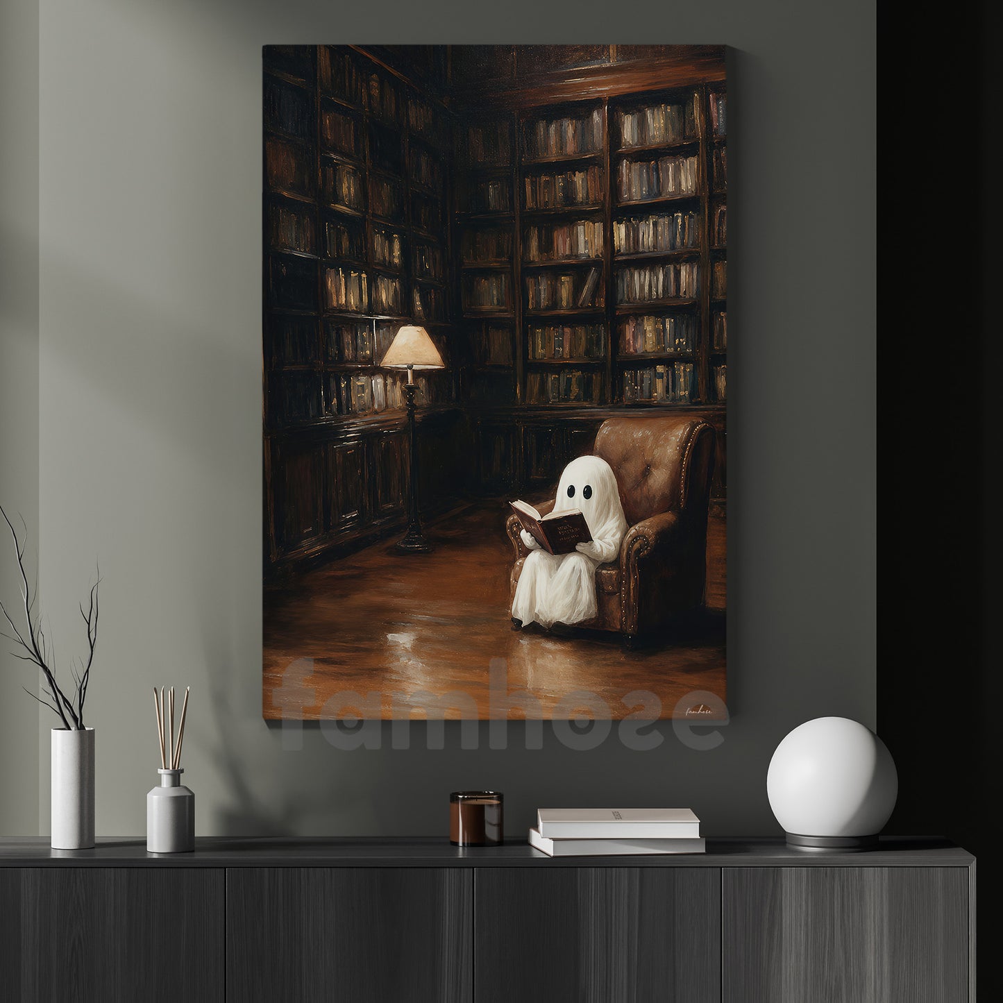Halloween Reading Ghost Canvas Painting, Cute Boo Library Spooky Season Wall Art Decor, Halloween Poster Gift For Ghost Lover