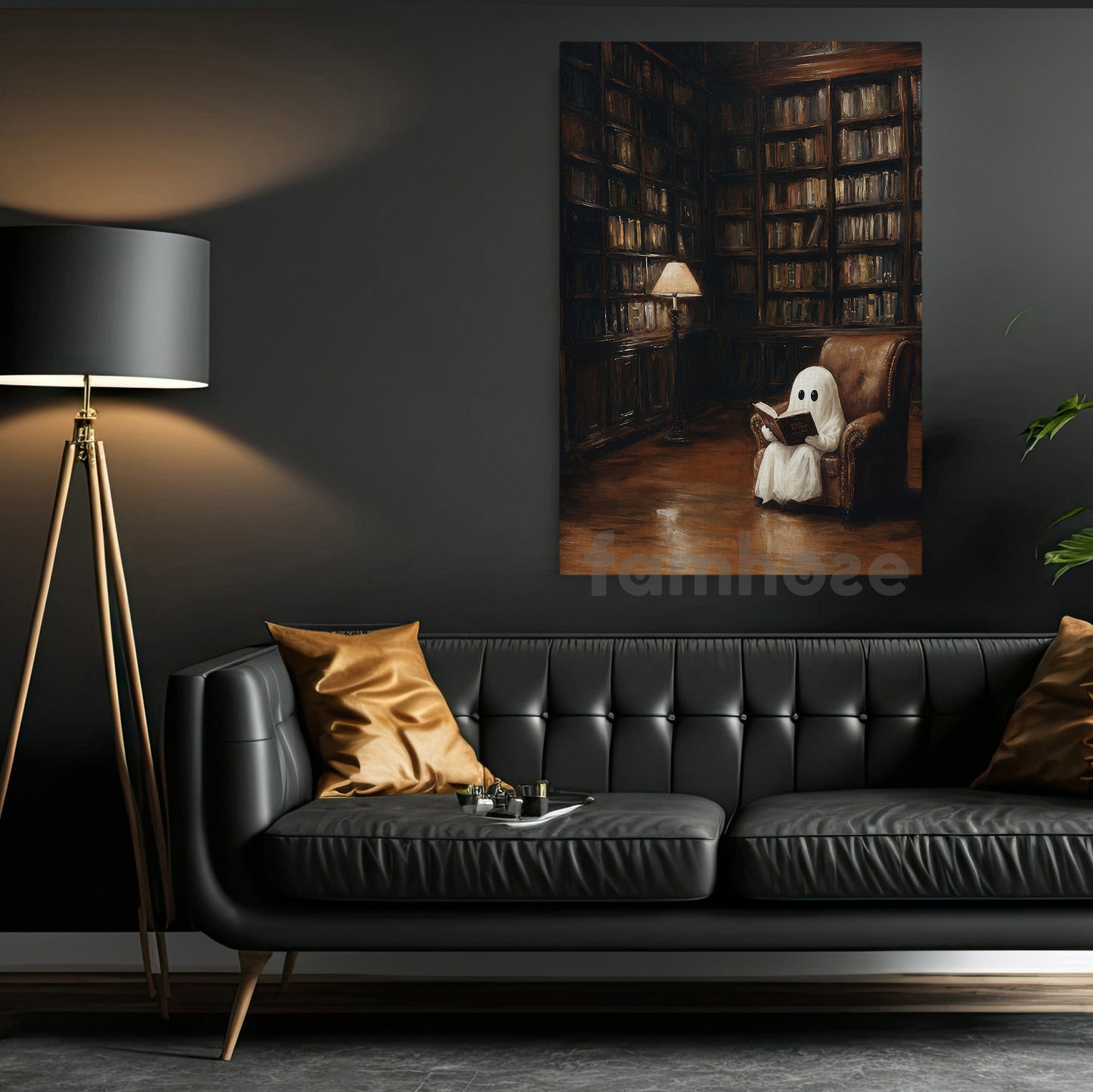 Halloween Reading Ghost Canvas Painting, Cute Boo Library Spooky Season Wall Art Decor, Halloween Poster Gift For Ghost Lover