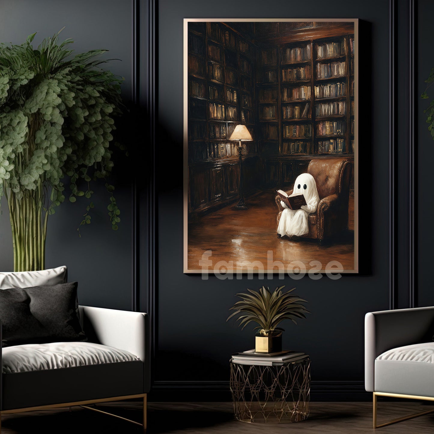 Halloween Reading Ghost Canvas Painting, Cute Boo Library Spooky Season Wall Art Decor, Halloween Poster Gift For Ghost Lover