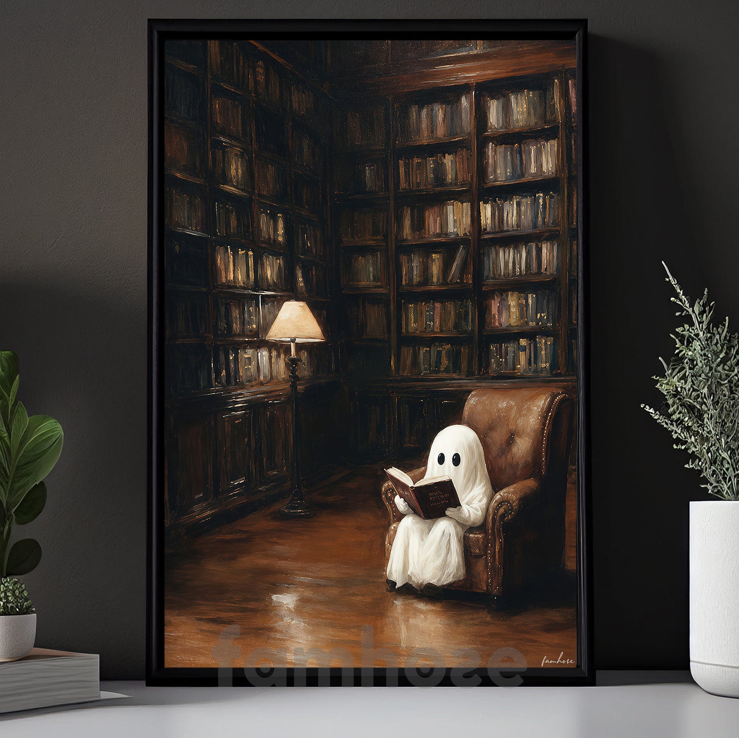 Halloween Reading Ghost Canvas Painting, Cute Boo Library Spooky Season Wall Art Decor, Halloween Poster Gift For Ghost Lover