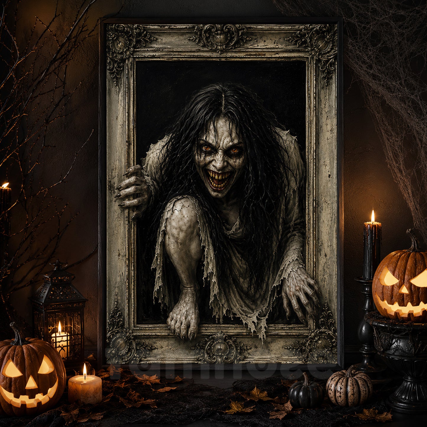 Halloween Scary Horror Portrait Canvas Painting, Creepy Demon Woman Spooky Season Wall Art Decor, Halloween Poster Gift