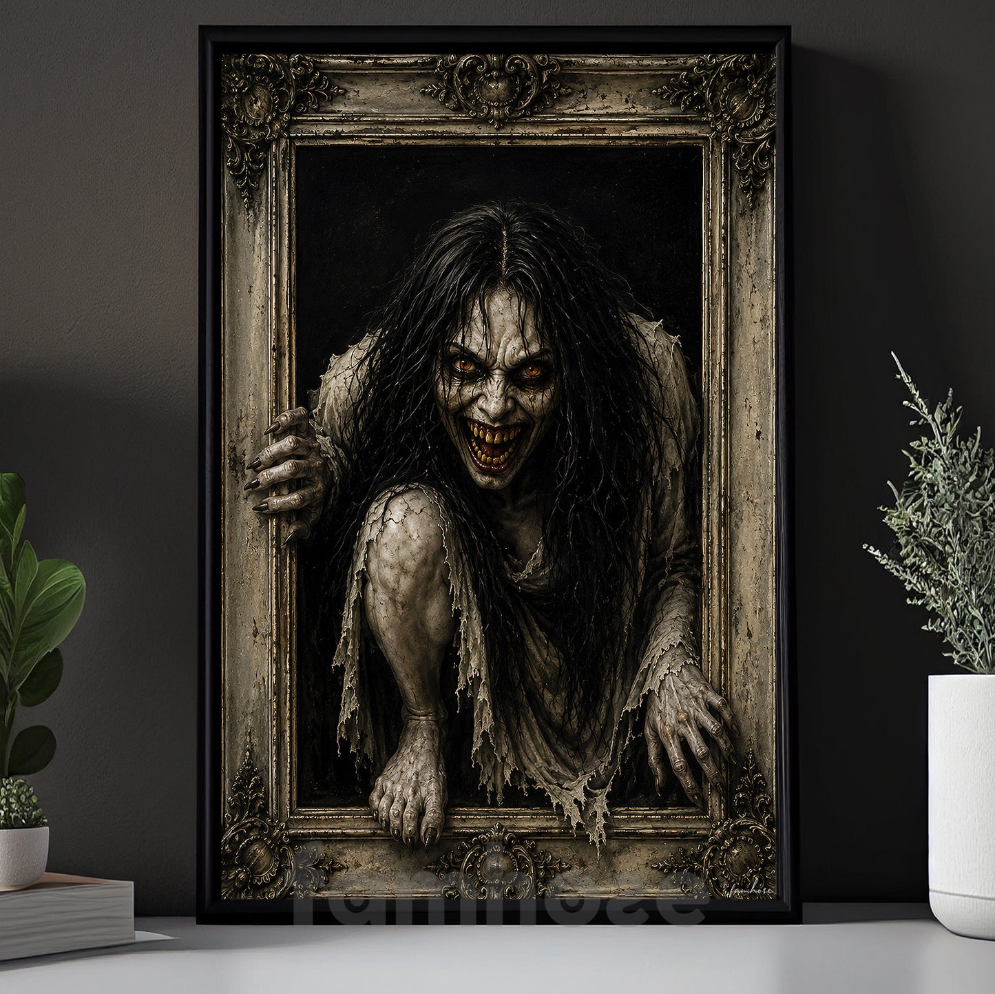 Halloween Scary Horror Portrait Canvas Painting, Creepy Demon Woman Spooky Season Wall Art Decor, Halloween Poster Gift