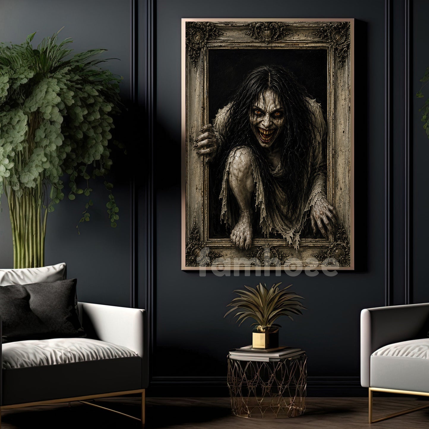 Halloween Scary Horror Portrait Canvas Painting, Creepy Demon Woman Spooky Season Wall Art Decor, Halloween Poster Gift