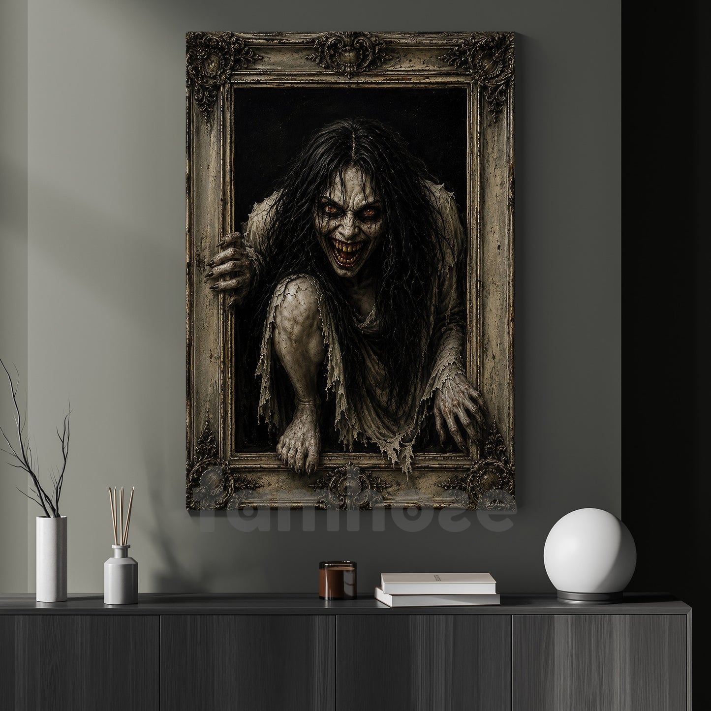 Halloween Scary Horror Portrait Canvas Painting, Creepy Demon Woman Spooky Season Wall Art Decor, Halloween Poster Gift