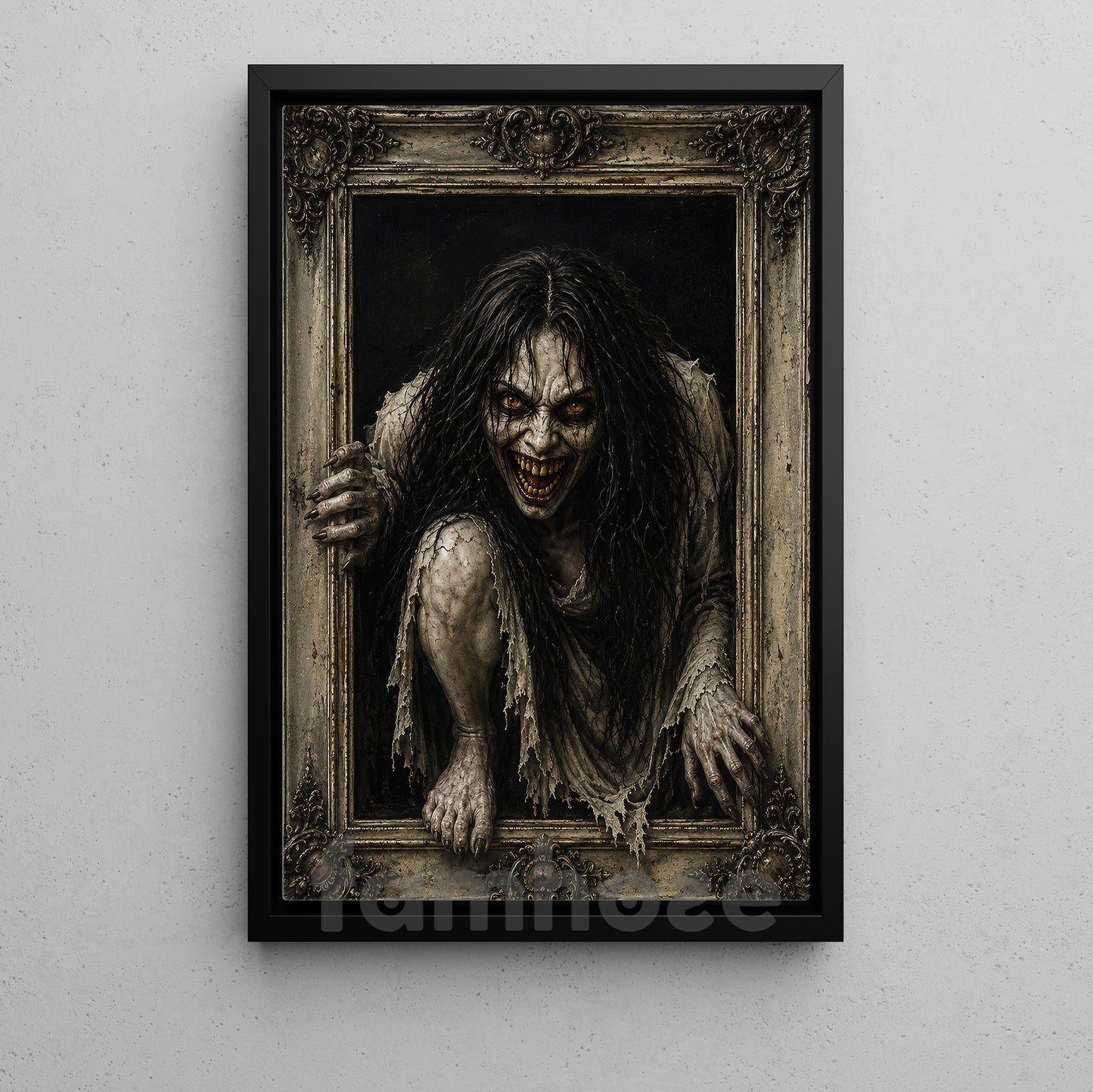Halloween Scary Horror Portrait Canvas Painting, Creepy Demon Woman Spooky Season Wall Art Decor, Halloween Poster Gift