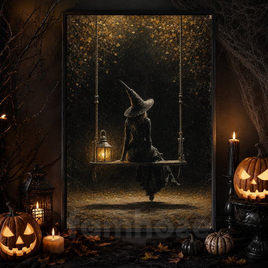 Vintage Halloween Witch Canvas Painting, Lonely Witch On Swing Spooky Season Wall Art Decor, Halloween Poster Gift For Witch Lover