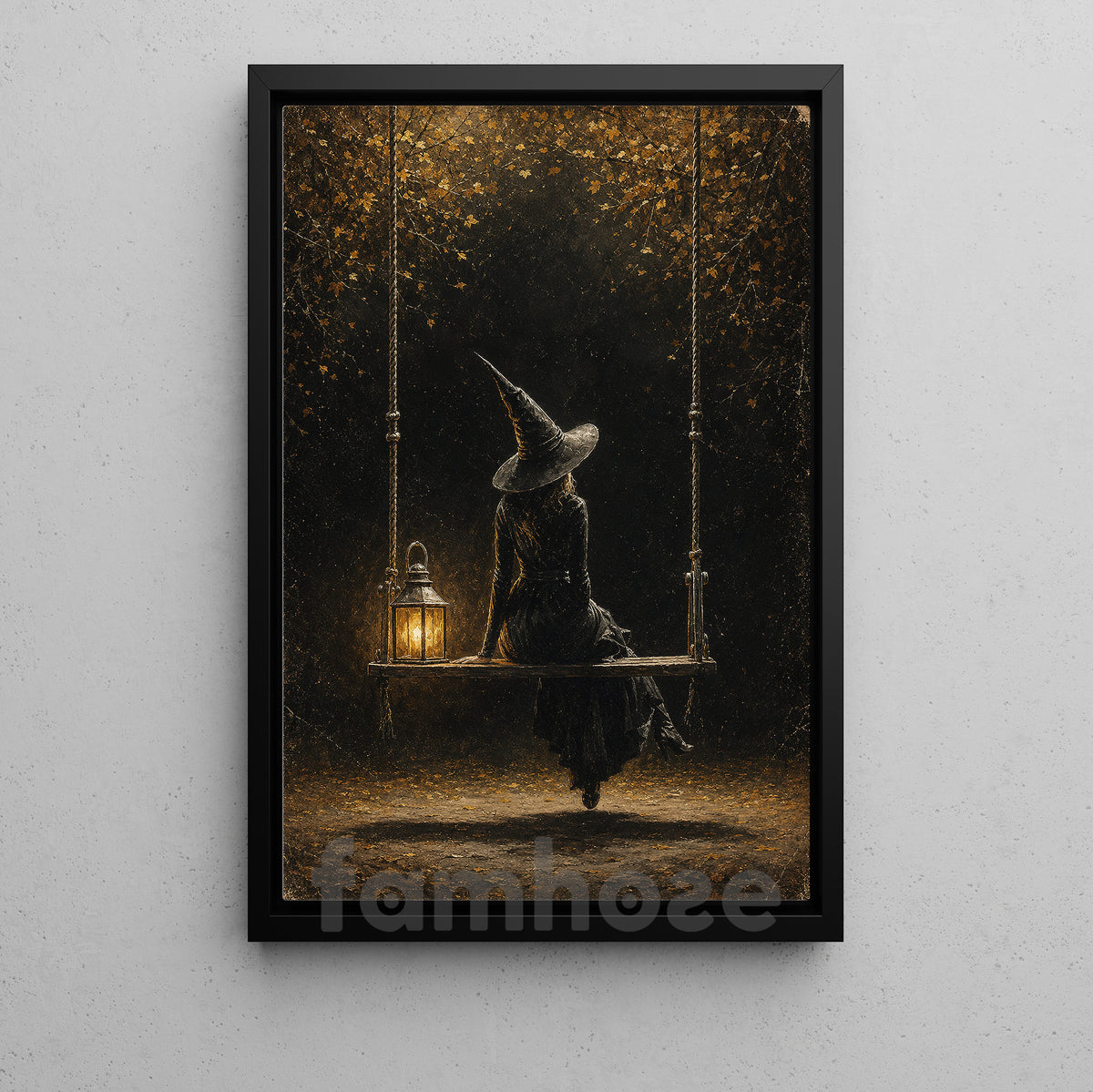 Vintage Halloween Witch Canvas Painting, Lonely Witch On Swing Spooky Season Wall Art Decor, Halloween Poster Gift For Witch Lover