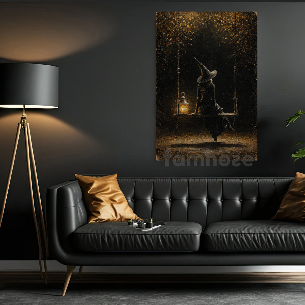 Vintage Halloween Witch Canvas Painting, Lonely Witch On Swing Spooky Season Wall Art Decor, Halloween Poster Gift For Witch Lover