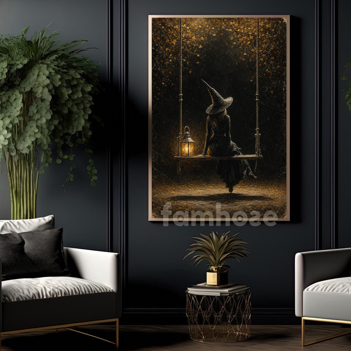 Vintage Halloween Witch Canvas Painting, Lonely Witch On Swing Spooky Season Wall Art Decor, Halloween Poster Gift For Witch Lover
