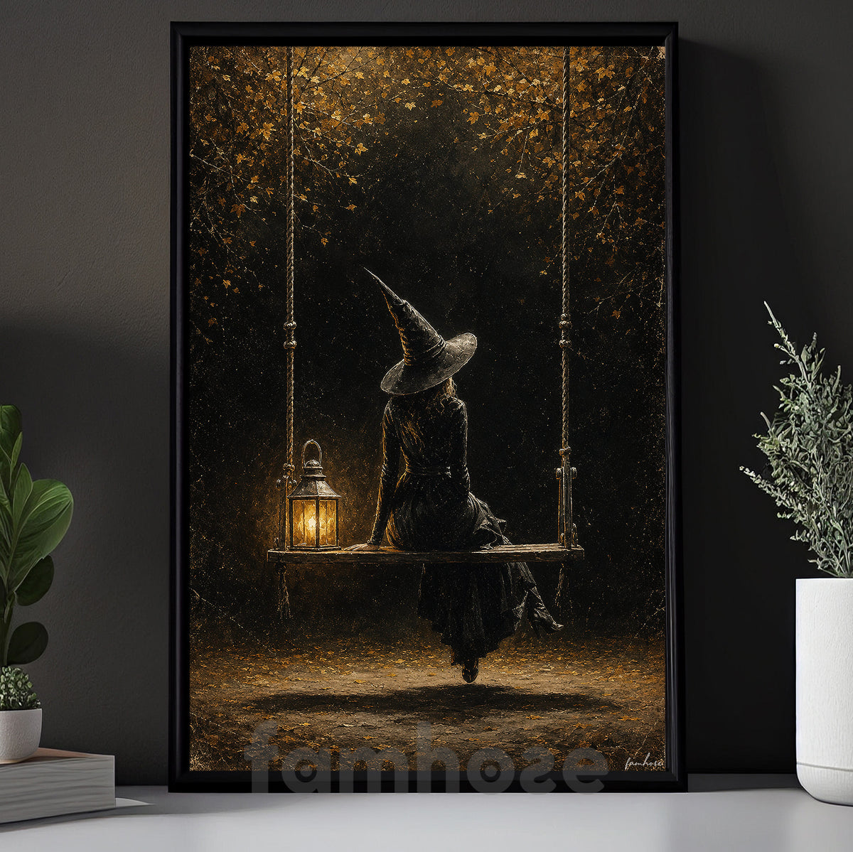 Vintage Halloween Witch Canvas Painting, Lonely Witch On Swing Spooky Season Wall Art Decor, Halloween Poster Gift For Witch Lover