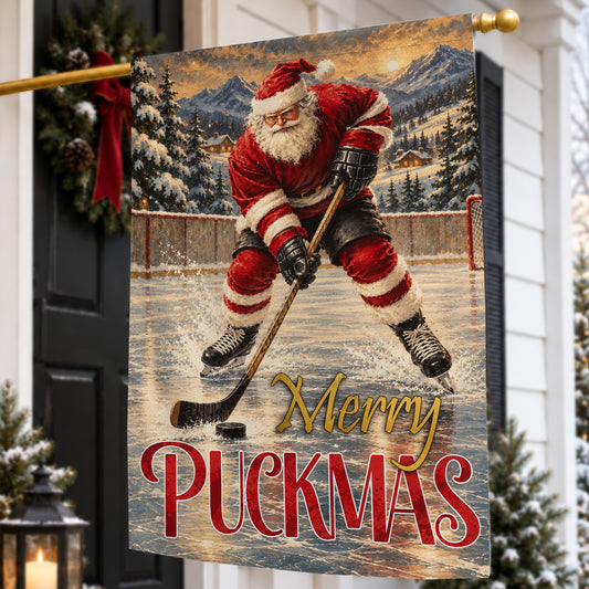 Vintage Christmas Hockey Garden & House Flag, Merry Puckmas, Welcome Outdoor Decor, Xmas Yard Decor Gift For Hockey Lover