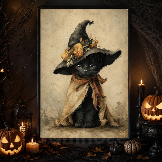 Vintage Halloween Black Cat Witch Canvas Painting, Cute Witch Cat Wall Art Decor Spooky Season Poster Gift For Cat Lover