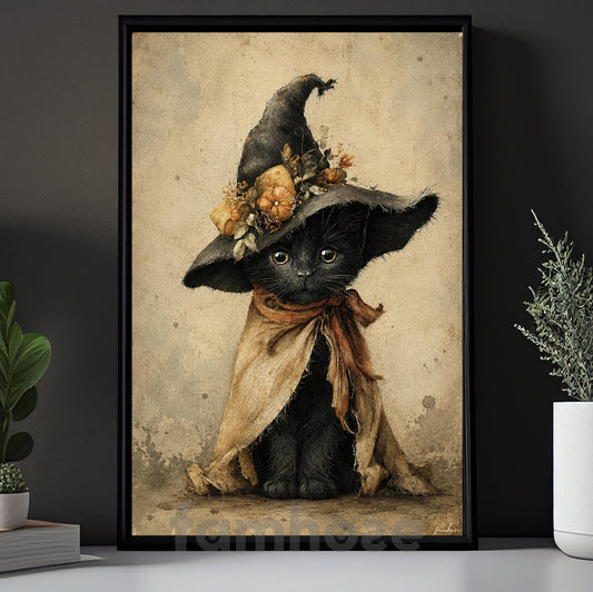 Vintage Halloween Black Cat Witch Canvas Painting, Cute Witch Cat Wall Art Decor Spooky Season Poster Gift For Cat Lover