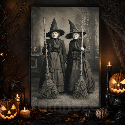Vintage Halloween Witches Canvas Painting, Witches With Brooms Spooky Season Wall Art Decor, Halloween Poster Gift For Witch Lover
