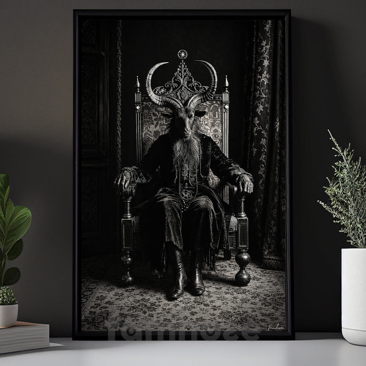 Vintage Halloween Goat King Canvas Painting, Dark Gothic Throne Spooky Season Wall Art Decor, Gothic Halloween Poster Gift