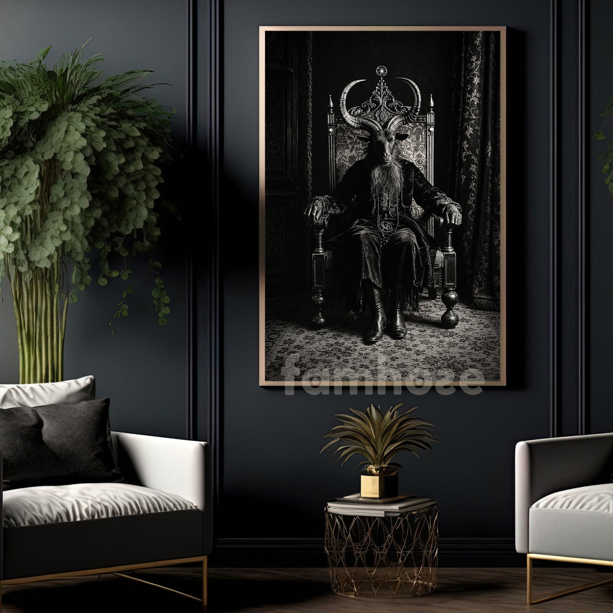 Vintage Halloween Goat King Canvas Painting, Dark Gothic Throne Spooky Season Wall Art Decor, Gothic Halloween Poster Gift