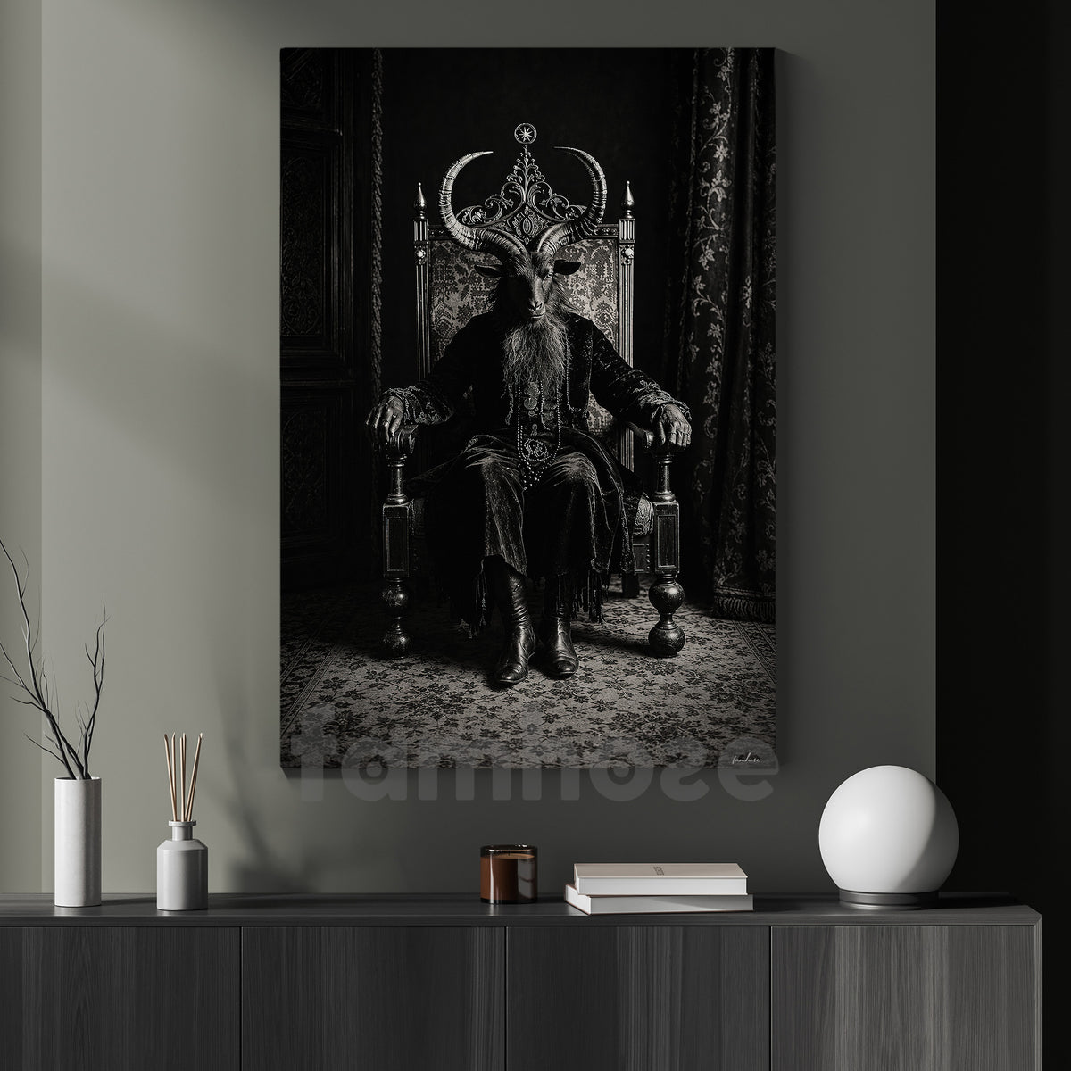 Vintage Halloween Goat King Canvas Painting, Dark Gothic Throne Spooky Season Wall Art Decor, Gothic Halloween Poster Gift