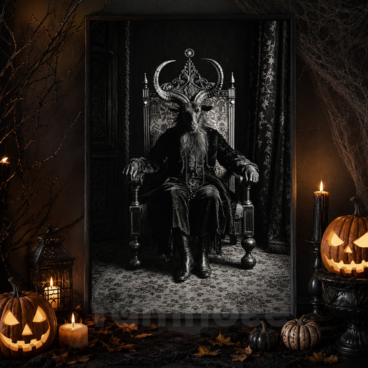 Vintage Halloween Goat King Canvas Painting, Dark Gothic Throne Spooky Season Wall Art Decor, Gothic Halloween Poster Gift