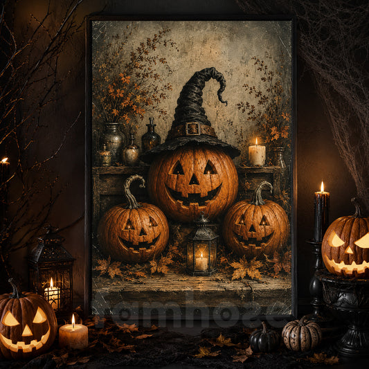 Vintage Halloween Witch Pumpkin Canvas Painting, Jack O Lantern Spooky Season Wall Art Decor, Halloween Poster Gift For Pumpkins Lover