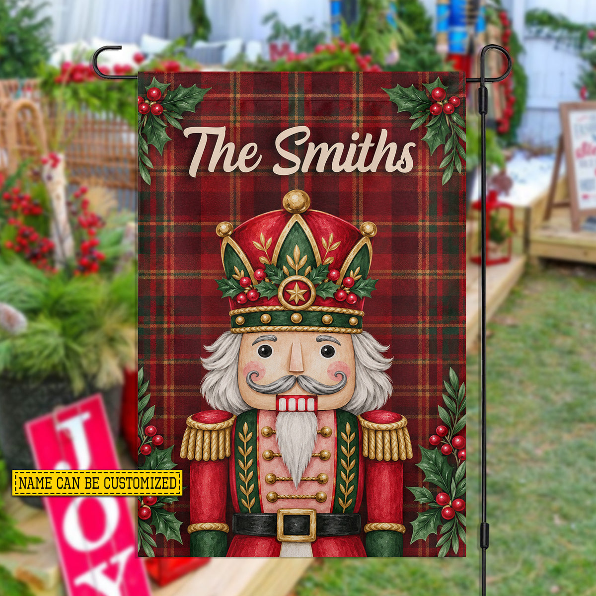 Personalized Christmas Nutcracker Garden & House Flag, Custom Family Name With Red Tartan Plaid Yard Flag, Xmas Gift For Nutcracker Lover