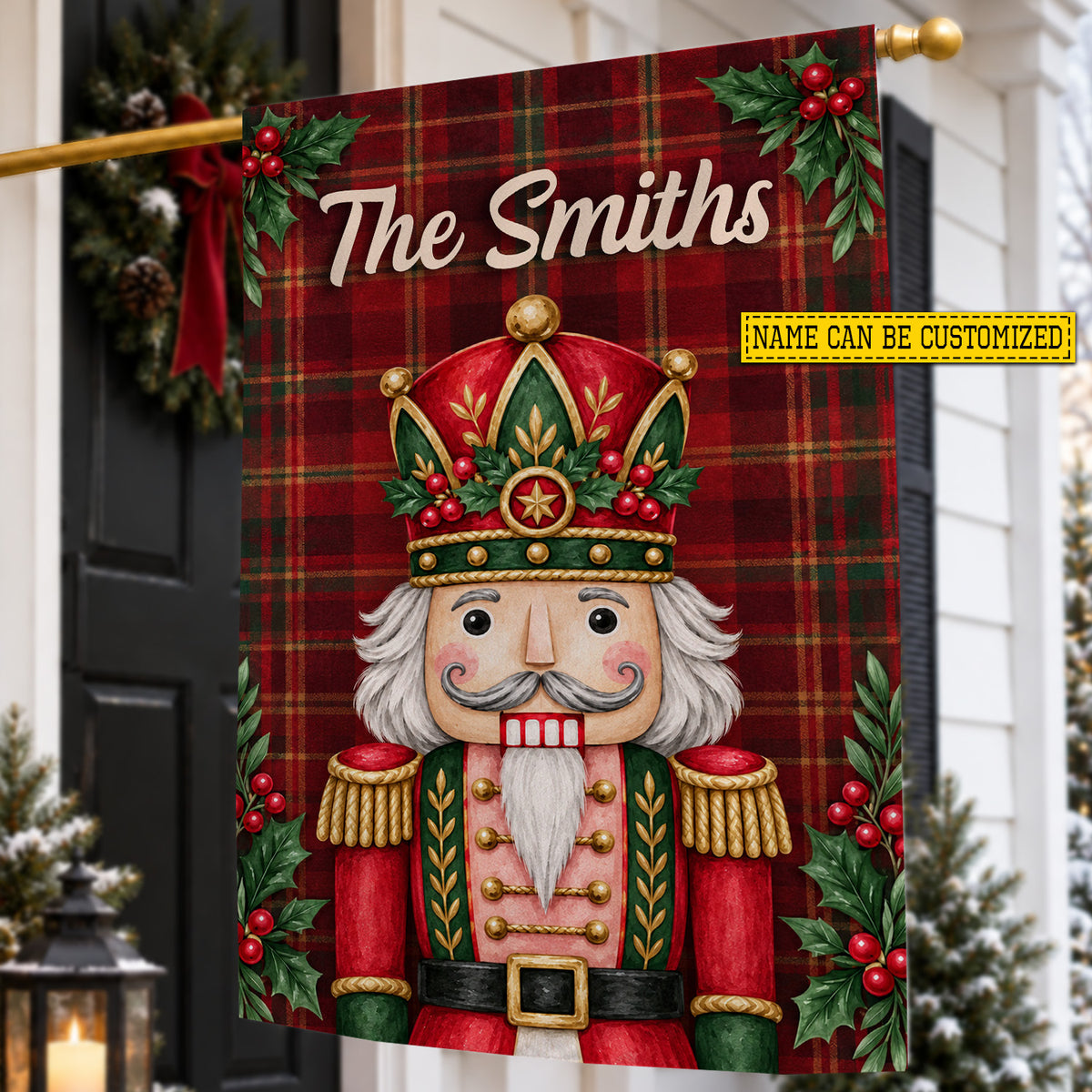 Personalized Christmas Nutcracker Garden & House Flag, Custom Family Name With Red Tartan Plaid Yard Flag, Xmas Gift For Nutcracker Lover