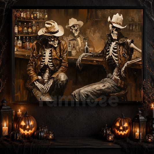Vintage Halloween Western Cowboy Skull Canvas Painting, Cowboy Skeleton Bar Spooky Season Wall Art Decor, Halloween Poster Gift For Cowboys