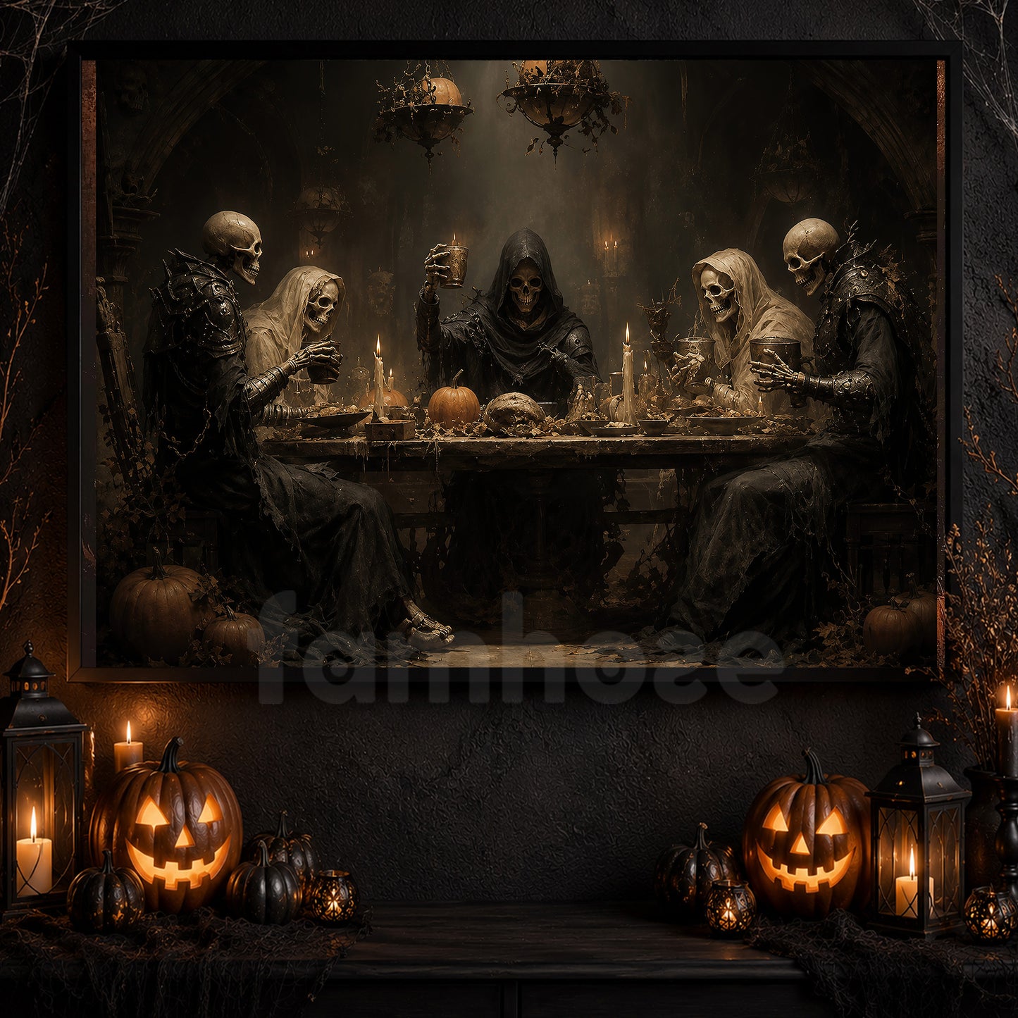 Halloween Skeleton Canvas Painting, Skeleton Feast Dinner Spooky Season Wall Art Decor, Halloween Poster Gift For Skeleton Lover