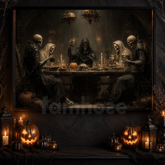 Halloween Skeleton Canvas Painting, Skeleton Feast Dinner Spooky Season Wall Art Decor, Halloween Poster Gift For Skeleton Lover